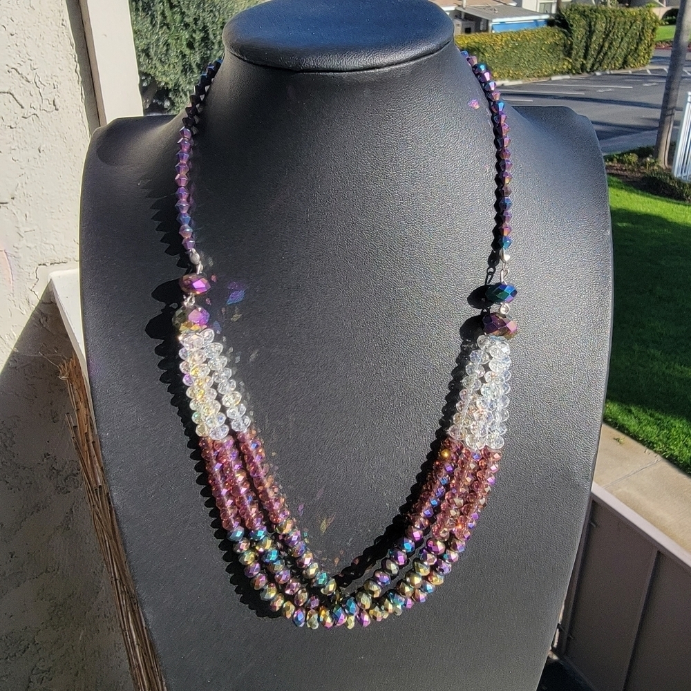 Elegant Multicolor Auora Borealis Facet Beaded Single Triple Strand Necklace AB